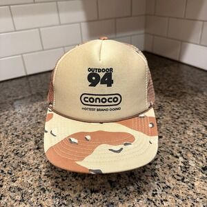 Vtg Conoco Outdoor 94 Trucker Hat Desert Camo Snapback Chocolate Chip